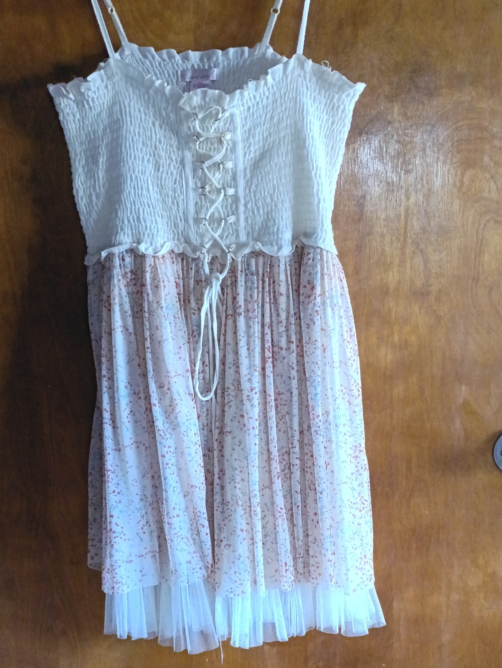 Wet Seal Cream Lace Up Bodice Red And Blue Floral Tiered Dress Fairytale Boho